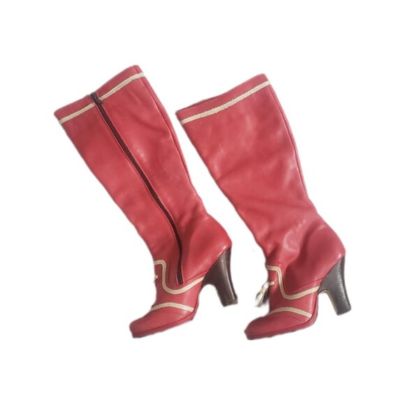 Vintage Red Leather Knee High Saloon Boots Zip Sides - Size 7 - Picture 3 of 3